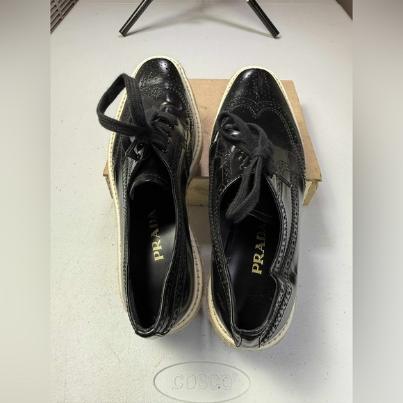 PRADA Black White Blue Perforated Wingtip Shoes Sz 37 / US 7 - Picture 9 of 13